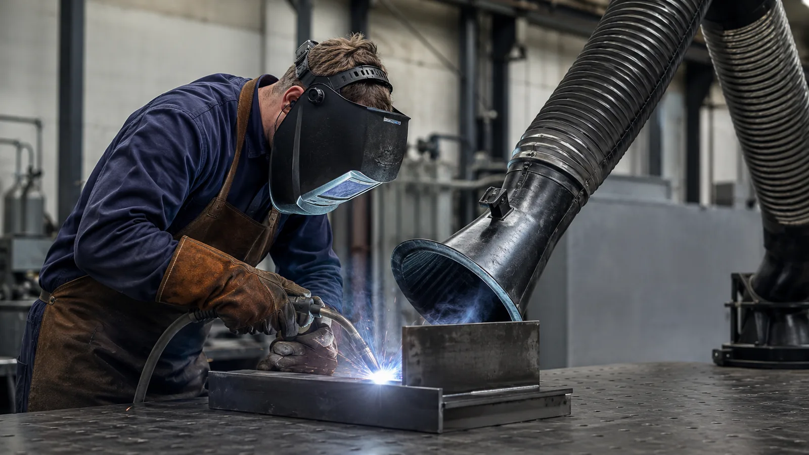Local exhaust ventilation hood capturing welding fume at source.