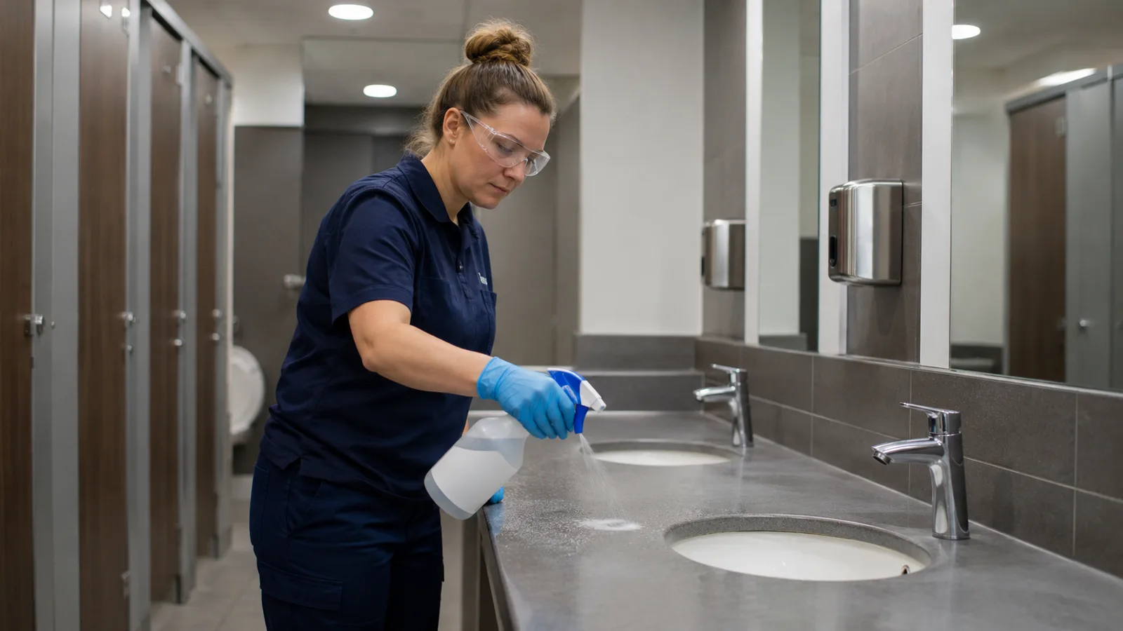 UK commercial cleaning operative in PPE applying sanitising spray.
