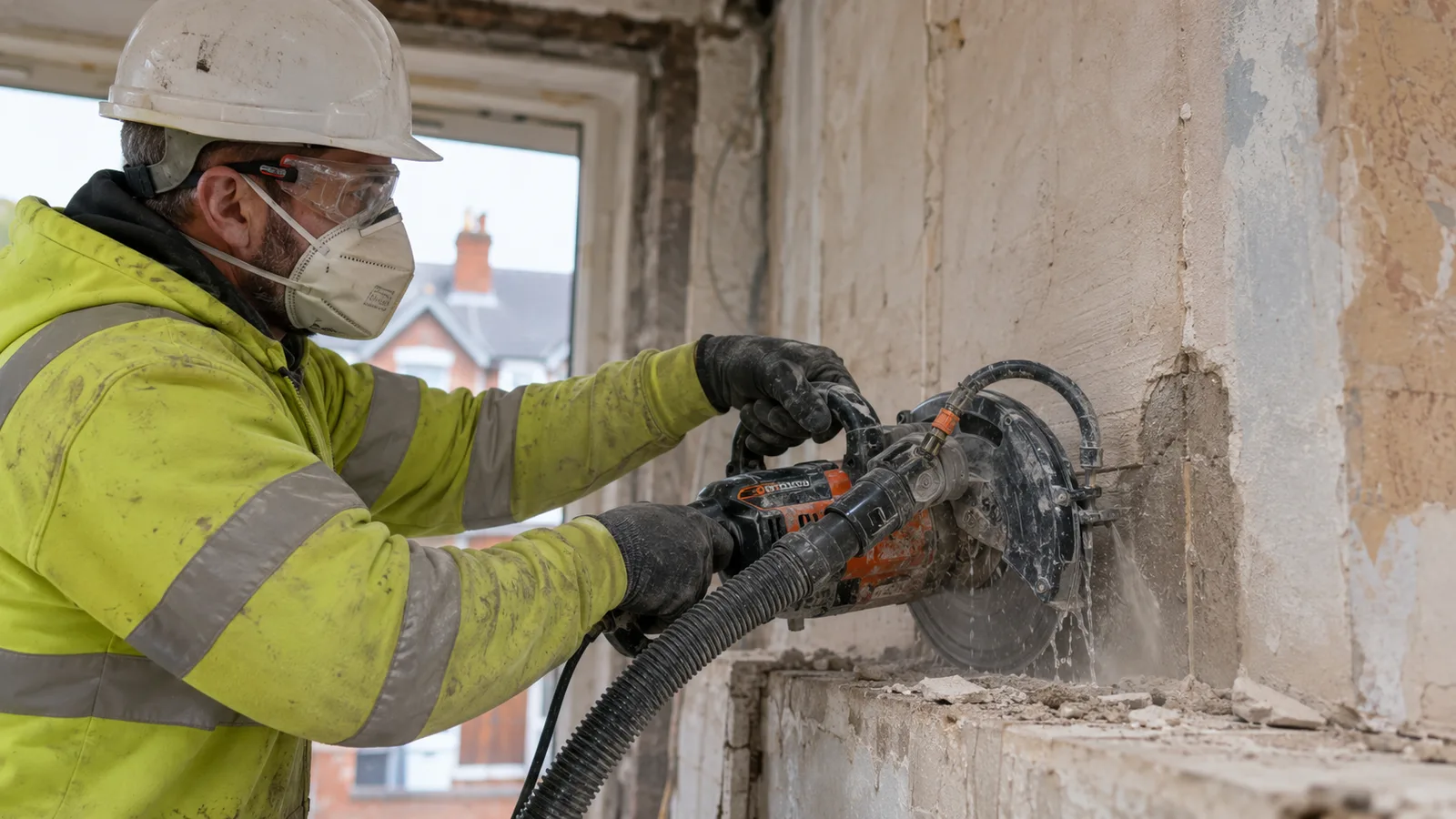 UK construction worker wet-cutting concrete with dust extraction.