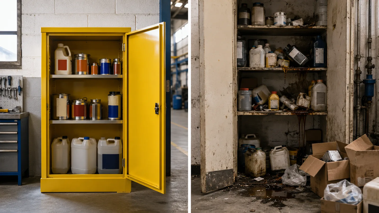 Side-by-side comparison of compliant and non-compliant storage.