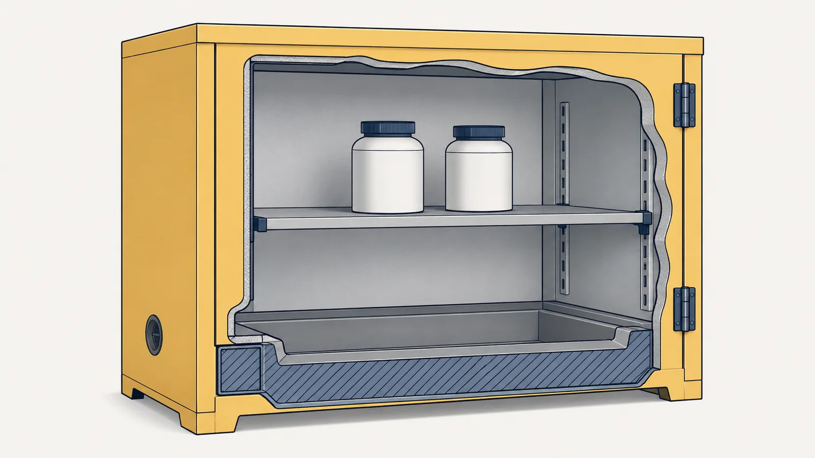 Technical cross-section of a COSHH storage cabinet with sumped base.